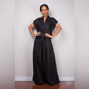Nuichan Black Minimalist Tie Front Pleated Wide Leg Palazzo Pants